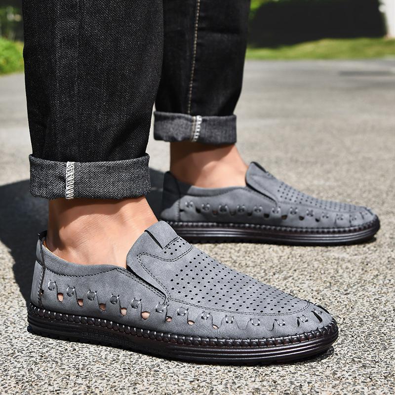 Men's Genuine Leather Casual Shoes Slip On Hollow Shoes Summer Large Size 39-48