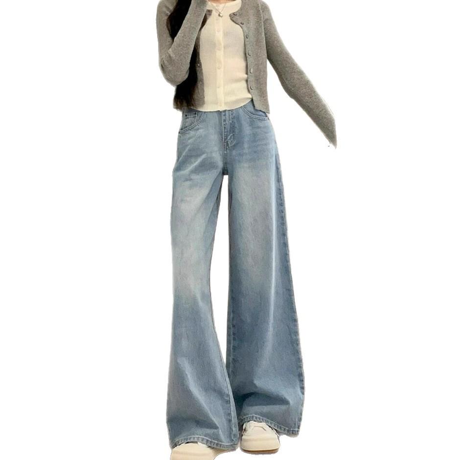 Light Blue Loose Straight Wide-leg Jeans Women Fall High Waist Thin Fashion Versatile Drape Drag Pants Retro Street Style Baggy Long Jeans for Ladies
