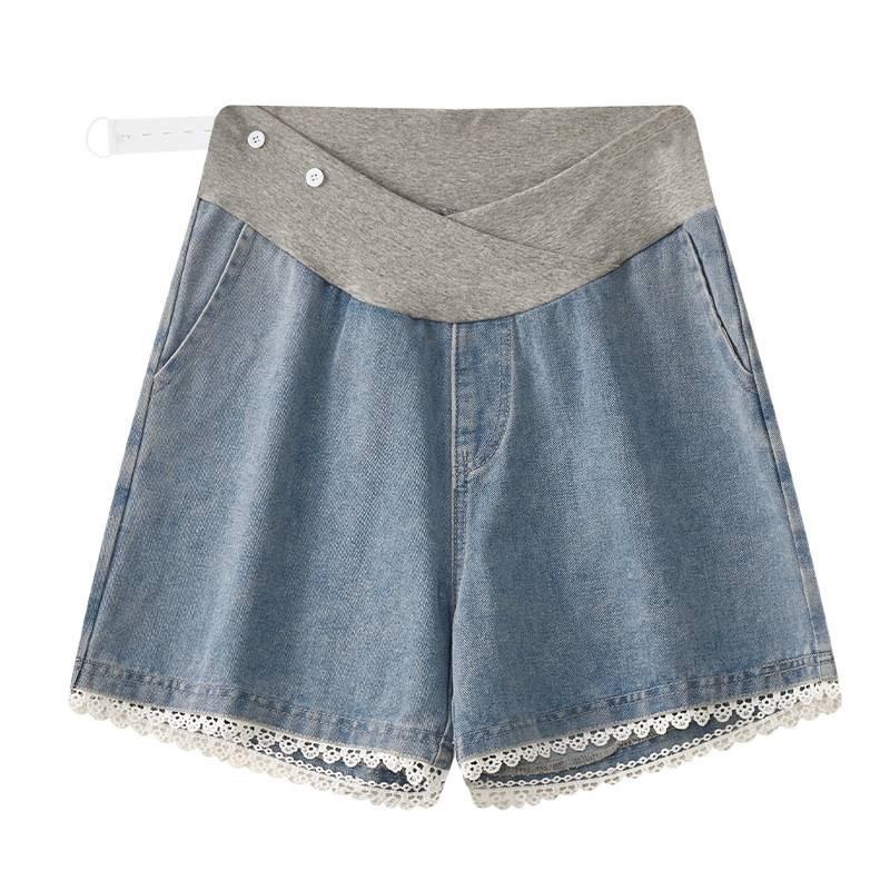 Women's Plus Size Lace Denim Maternity Shorts - Summer 2026 A-line Loose Fit
