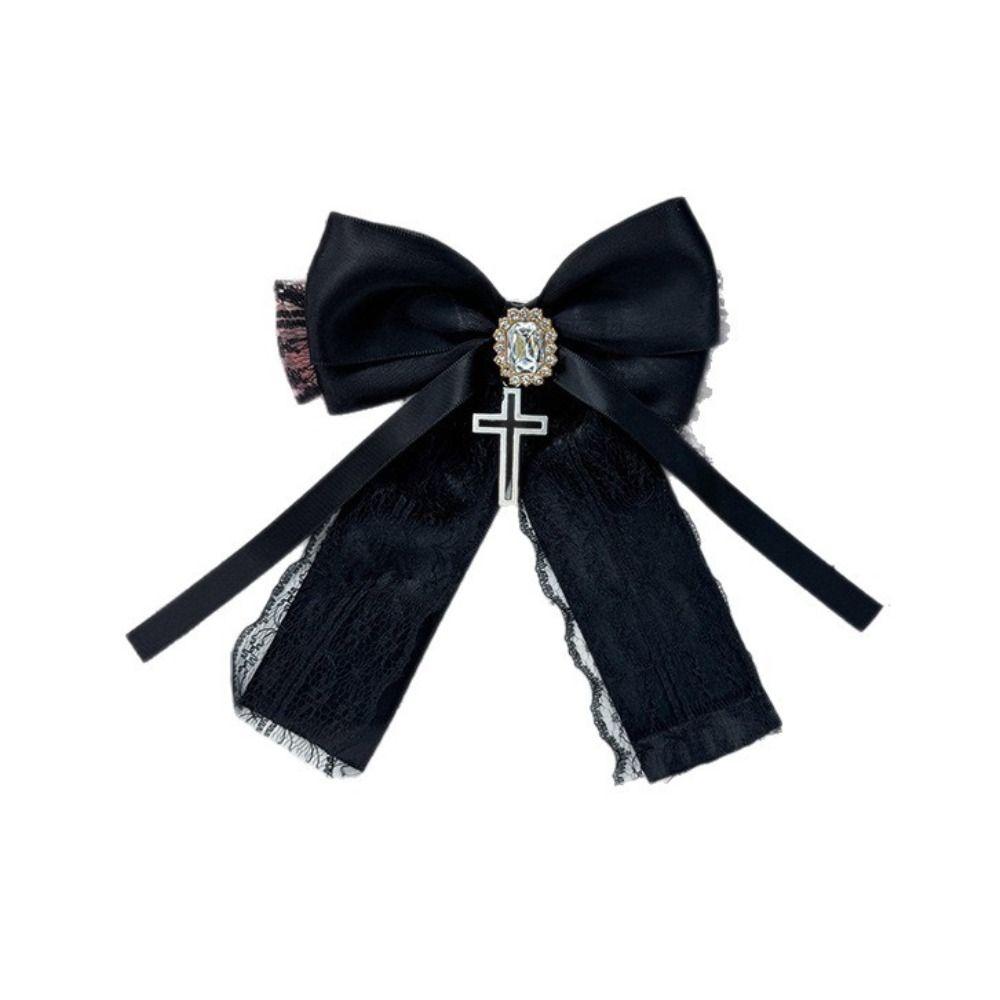 Cute Bow Cross Pendant Gothic Hair Clip Exquisite Lace Design Y2K Hair Clip Girl's Accessories