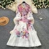 Summer New Pink Flower Print Chiffon Maxi Dress Women Long Lantern Sleeve Tiered Ruffle Long Dress Elegant Party Evening Dress