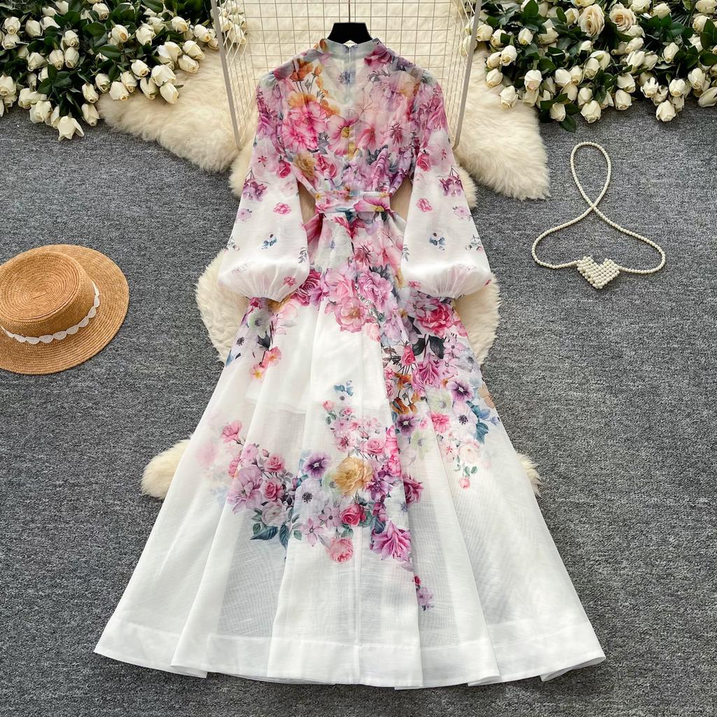 Summer New Pink Flower Print Chiffon Maxi Dress Women Long Lantern Sleeve Tiered Ruffle Long Dress Elegant Party Evening Dress