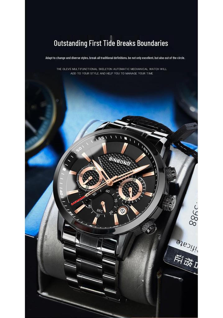 BINBOND Men's Waterproof Quartz Sports Watch with Steel Strap and Dual Eye Multifunction.