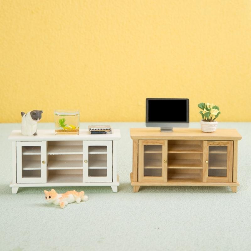 Fashionable Dollhouses Miniature Sturdy Wood TV Stand 1/12 Scale Living Room Furniture Pretend Play Accessory for Kids