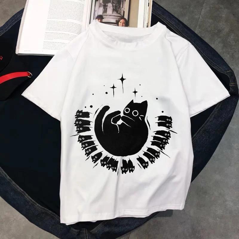 Kawaii T Shirts Women Cat New Tops Female Tshirt Loose Tshirt Summer Tee White Tshirts Round Neck Oversized T Shirt