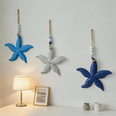 Starfish Wooden Hanging Wall Decor Nautical Coastal Theme Starfish Beaded Ornament with Hemp Rope for Living Room Bedroom Bathroom