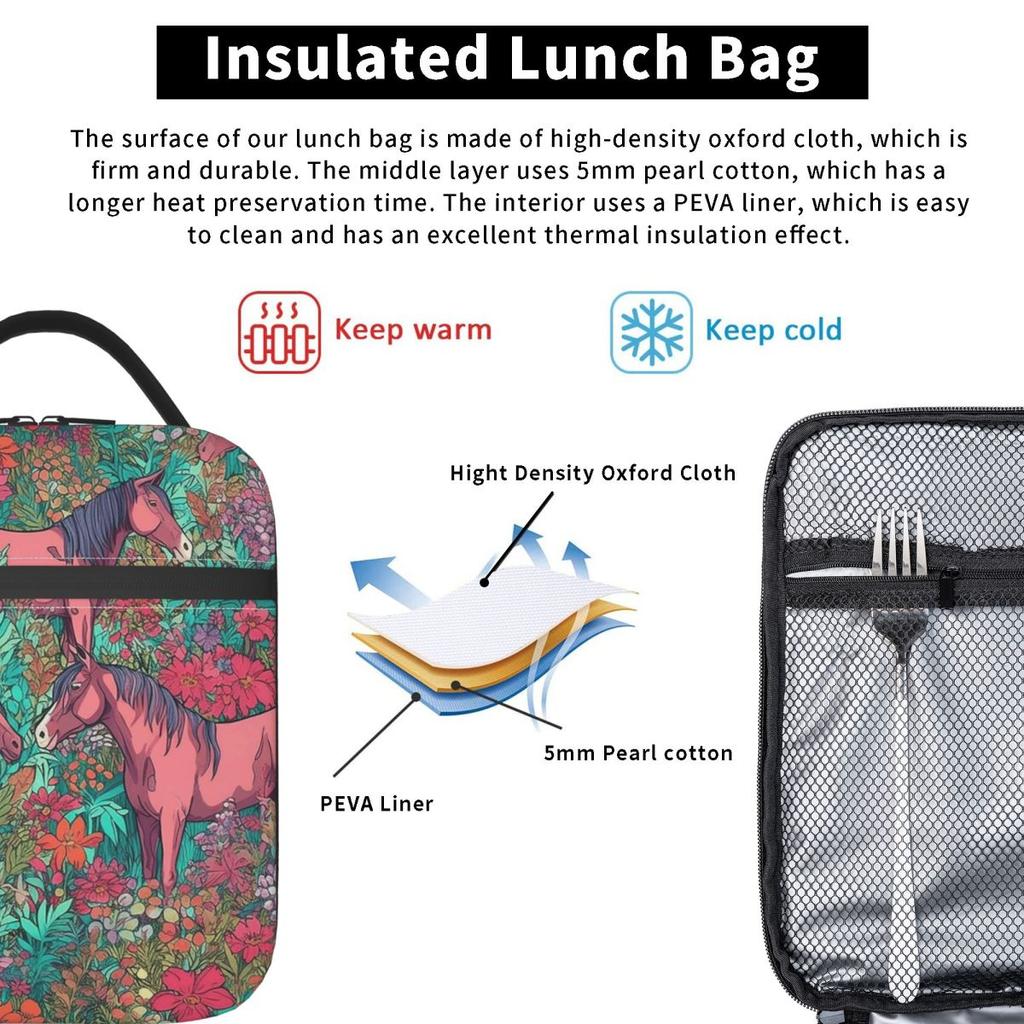 Fresh Flower Wild Horse Pattern Insulated Lunch Bag for Women Office Cooler Thermal Food Box Tote Portable Lunch Boxes Container