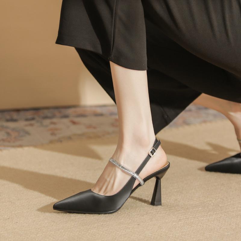 75711 [sheepskin] Pointed High Heels Women's Thin Heels 2025 Summer New Bag Head Empty Word with Sandals