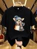 Puppy with a Hat Plus Size Women's Round Neck Short Sleeve T-shirt with Elastic Half Sleeves and Trendy Prints