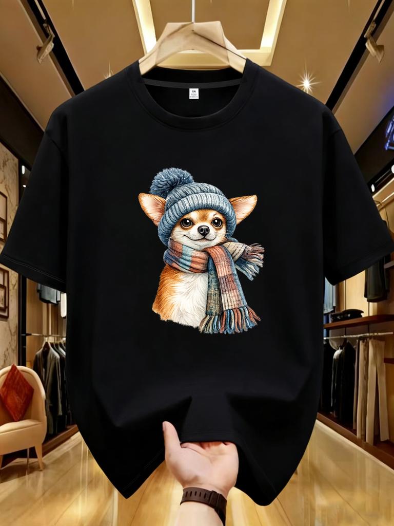 Yj00025puppy With A Hat Plus Size Unisexs Round Neck Short Sleeve Tshirt With Elastic Half Sleeves And Trendy Prints