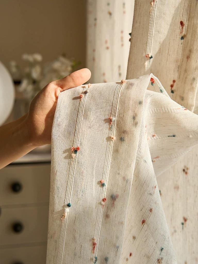 Vintage Leinen transparenter Vorhang mit Regenbogen-Geleebohnen - Stangentaschen-Design, einfach aufzuhängen, sehr geeignet für Schlafzimmer, Wohnzimmer