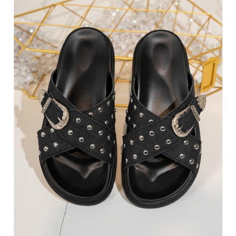 Rivet Thick-sole Slippers 2025 Women's Summer Fashion Canvas Non-slip Casual Mid-heel Slippers Comfortable Beach Flip-flops