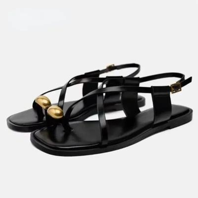 Sexy Thin Straps Flat Sandals Women Summer Footwear Chic Metal Square Toe Soft Leather Beach Traf Shoes for Lady Wholesale