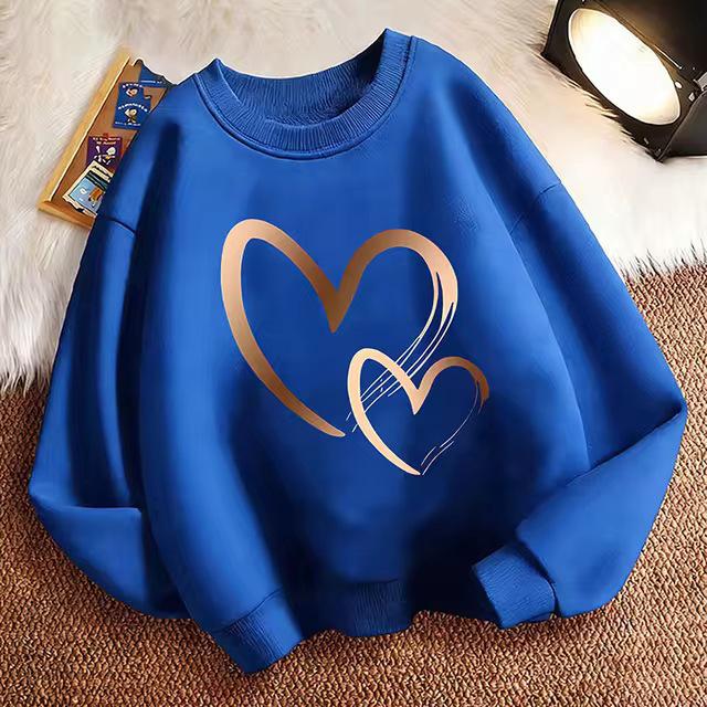 Chic Heart Print Girl's Pullover Sweatshirt - Spring O-neck Hoodie