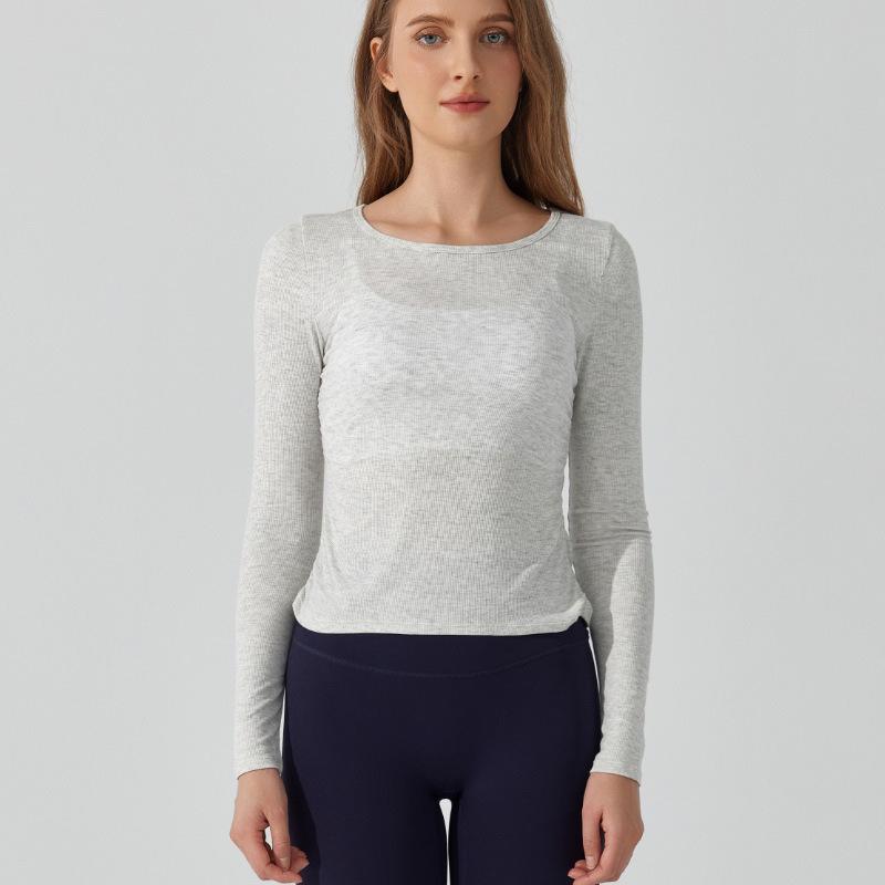 

Women s Ribbed Slim-Fit Round Neck Yoga Top, Long Sleeve, Pleated, Breathable, Skin-Friendly Base Layer T-Shirt XL