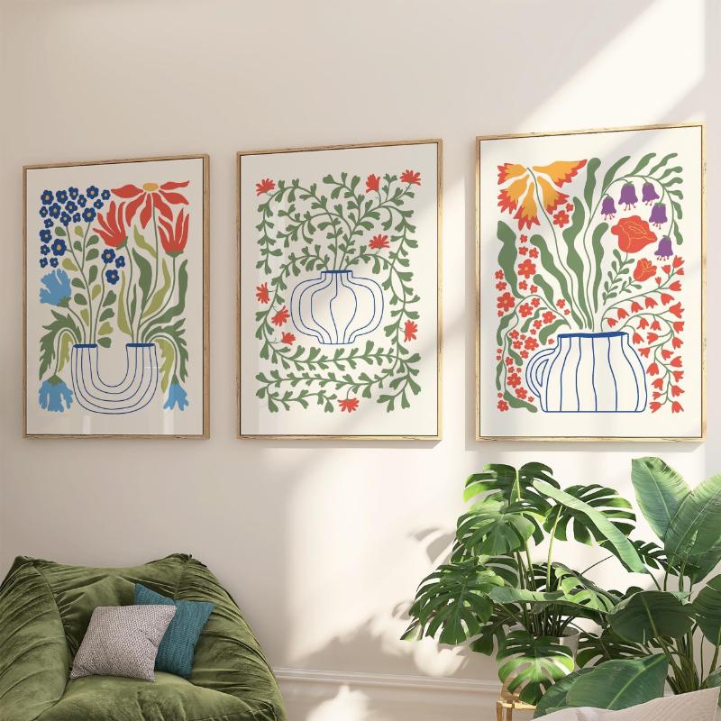 3pcs Bohemian Floral Vase Canvas Wall Art–Vibrant Folk Style Flower Printing for Bright Home Decor, Ideal Housewarming Gifts