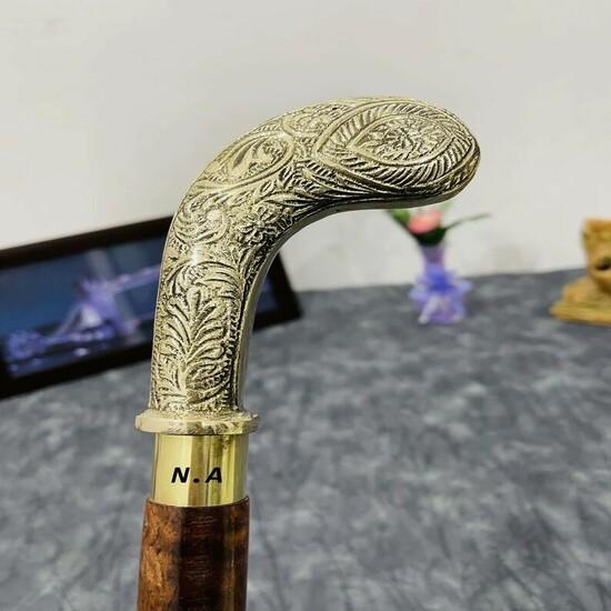 Antique Style Victorian Vintage Designer Brass Handle Cane Wooden Walking Stick
