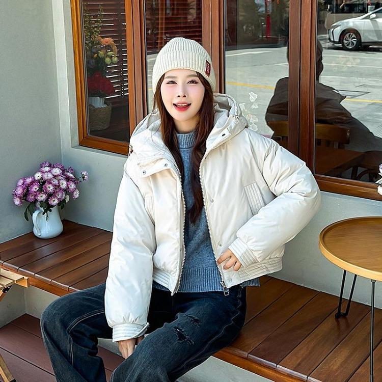 Women Autumn Winter Warm Thickened Cotton Padded Hooded Coat Solid Color Outwear Jacket