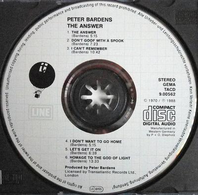 CD PETER BARDENS - The Answer TACD900562O Line Music GmbH Germania Rock Folosit