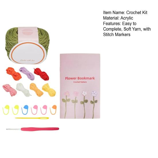 Crochet Kit for Beginners Flower Bookmarks DIY Project with 8 Rolls Extra Soft Yarn Includes Hook Stitch Marker Christmas Gifts