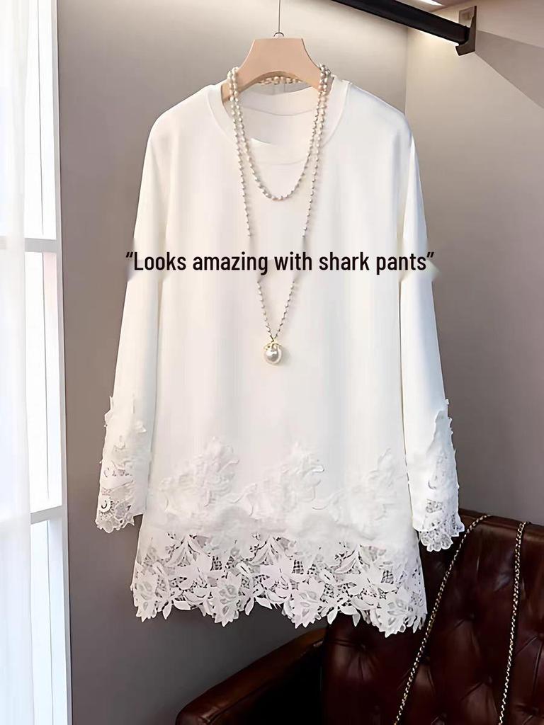 Plus-Size Women's Lace Spliced Mid-Length Sweatshirt: New Long-Sleeved Base Layer for Spring and Autumn, Belly-Covering Design