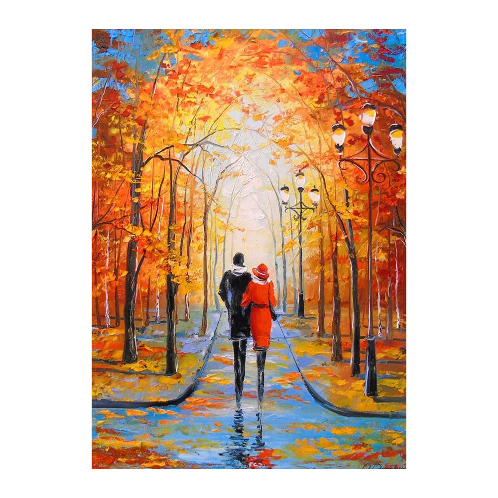 Nordycki Jesienny Deszczowy Pejzaż Plakat Płótno Obraz Olejny Zakochani Spacerujący Obraz Ścienny do Nowoczesnego Salonu Dekoracja Domu