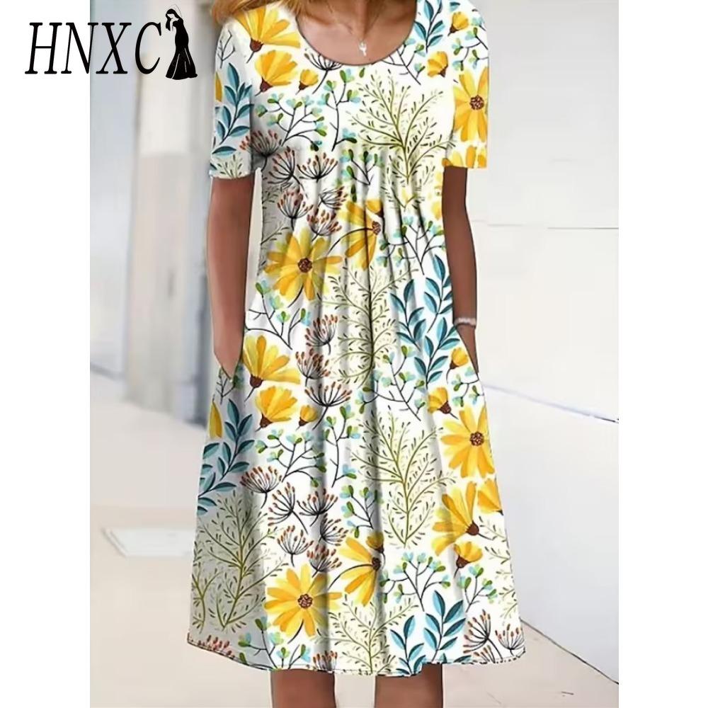 HNXC 30 Color Pleated Midi Dress Short Sleeve Round Neck Loose Hem Mid-Calf Length Women Floral A-Line Party Dress Casual Wear