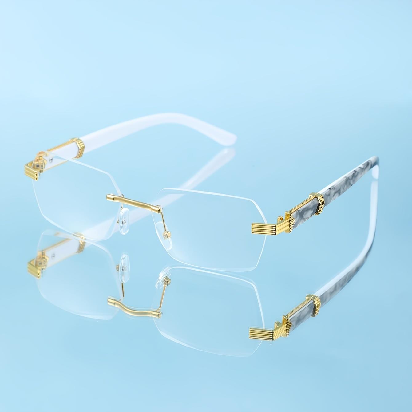 

Винтажные декоративные очки без оправы для мужчин и женщин. Синие и белые поликарбонатные линзы, золотистые акценты, легкие и стильные. прозрачный