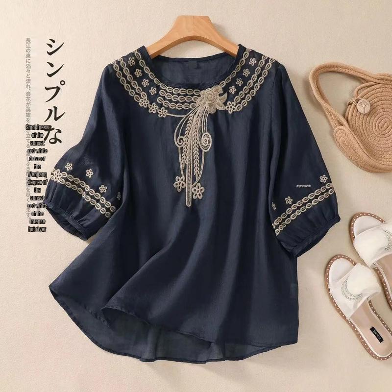 

2024 Summer Retro Embroidered Cotton & Linen Short-Sleeve Pullover XXXL 150-165 cm чёрный