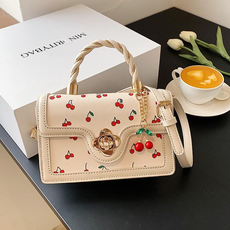 Small Shoulder Bag for Women Cute Cherry Pattern Coquette Aesthetics Crossbody Bags Faux Leather Flap Square Handbag