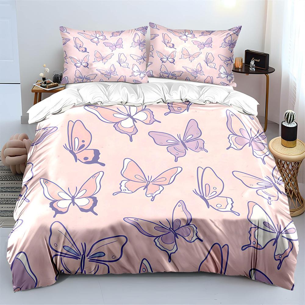 Pink Background With Purple Butterflies Pattern Duvet Cover Set Digital Print Colorful Polyester Bedding With Zipper Closur