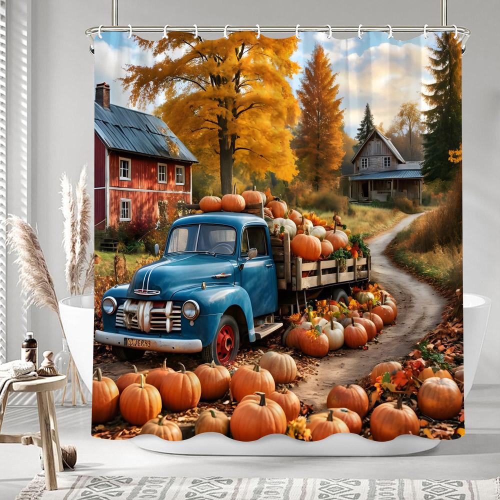 Autumn Leaves Pumpkin Shower Curtain Rustic Farm Truck Animals Thanksgiving Polyester Fabric Shower Curtains Bathroom Decoration