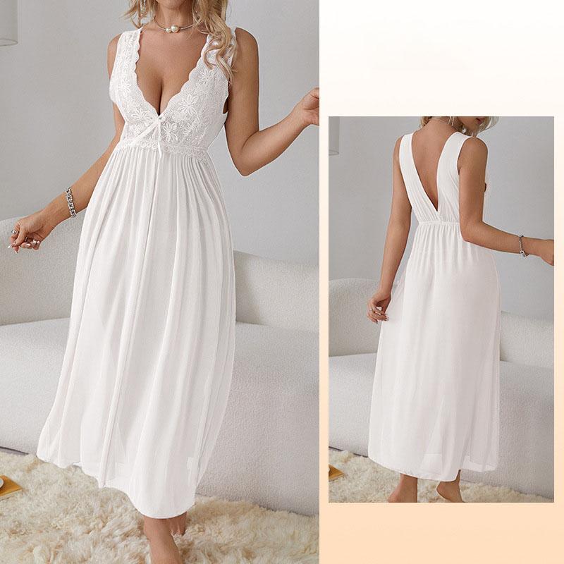 

Сексуальная Глубокий V Длинная ночная рубашка Кружева Бантик Перспектива Нижнее белье Шифоновая сетчатая ночная рубашка Элегантная женская пижама XS белый