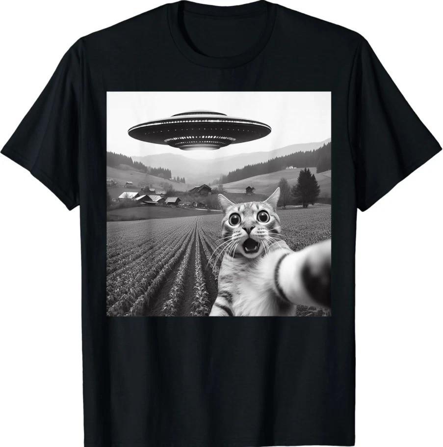 Смешной дизайн Кот Селфи С Инопланетным НЛО Тематика Унисекс Футболка Унисекс Футболка L