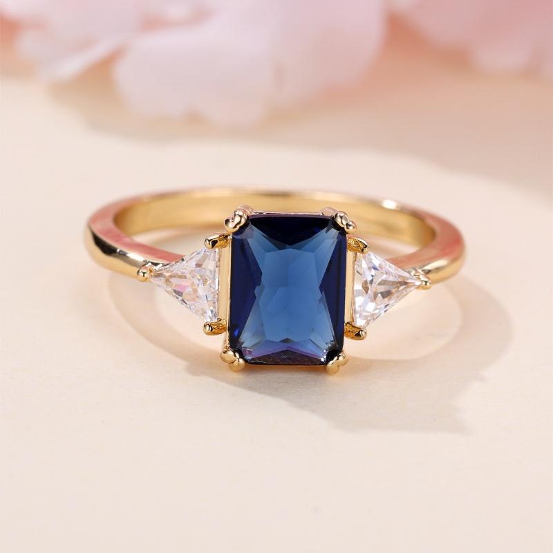 Exquisite Sparkling Blue Color Square Inlaid Zircon Ring, Suitable for Women's Banquet Party Accessories, Jewelry Gifts