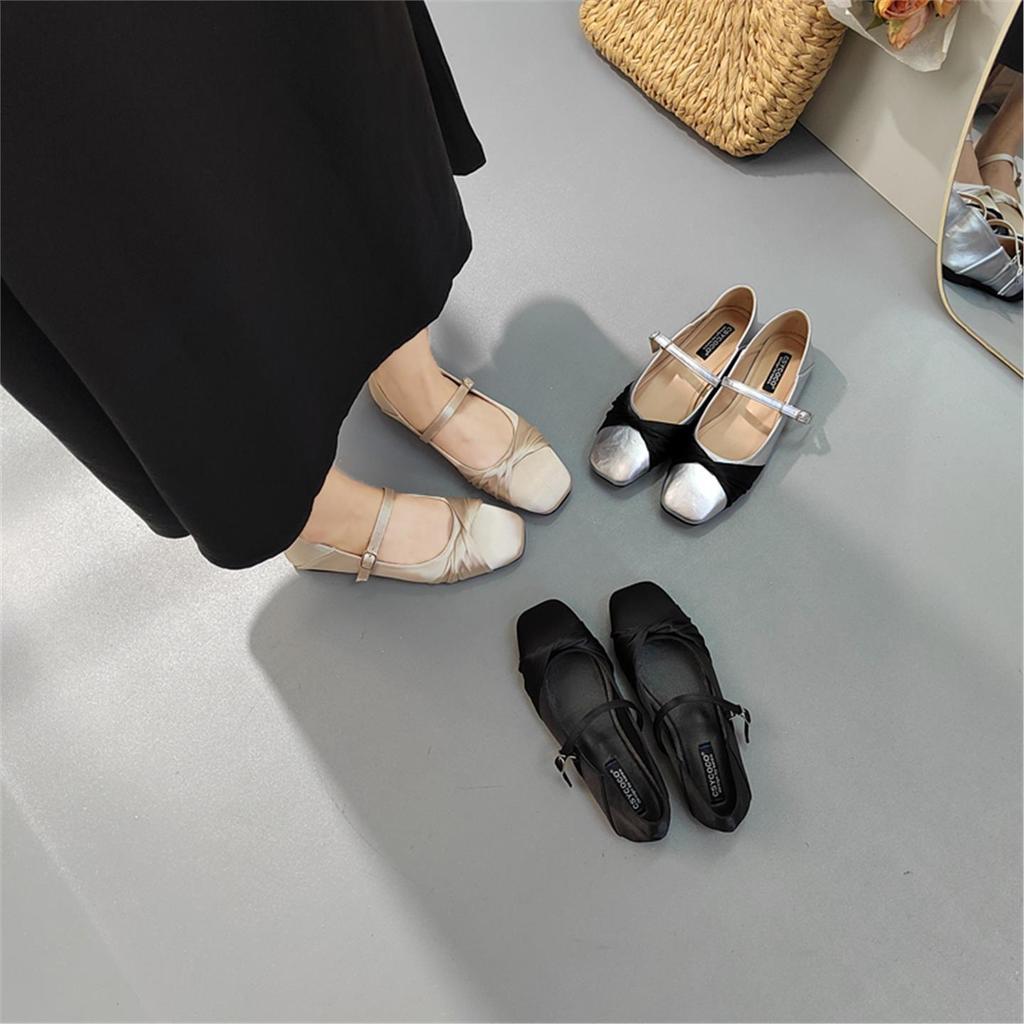 2025 autumn square head gentle temperament Mary Jane shoes one-word buckle bow French flat bottom shallow mouth single shoes