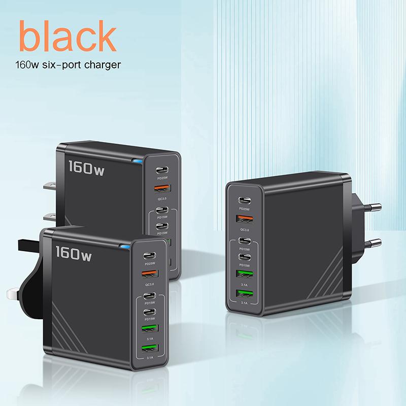 160W 6-Port Fast Charging Usb Type C Quick Charge Pd Qc3.0 Wall Charger Adapter For Iphone Xiaomi Samsung Huawei Phone Charger