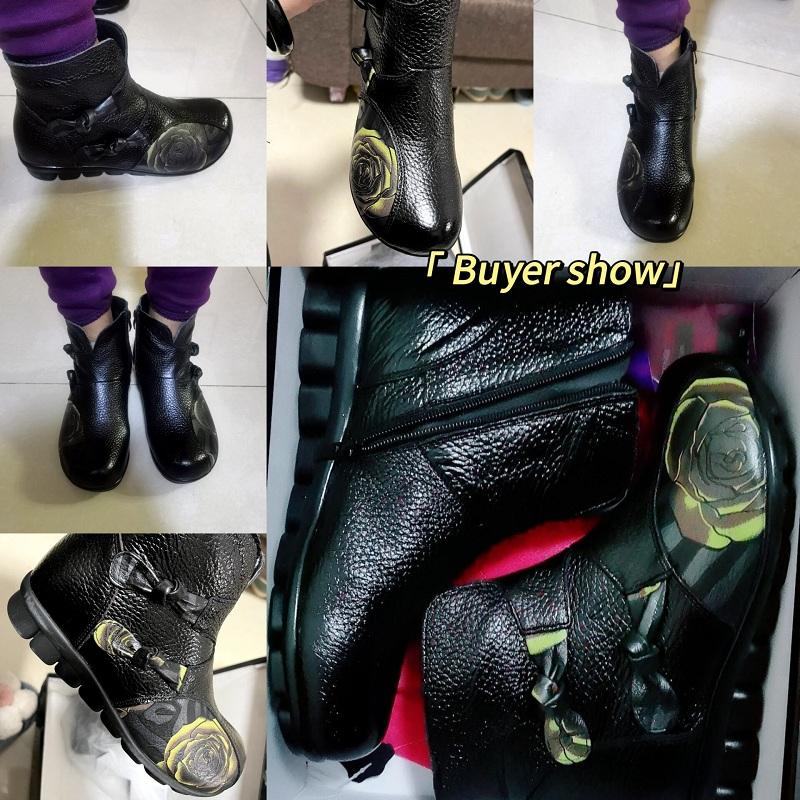 retro winter new  Luxury women Real leather Boots ladies ankle boots flat heeled butterfly bow with plush warm women shoes