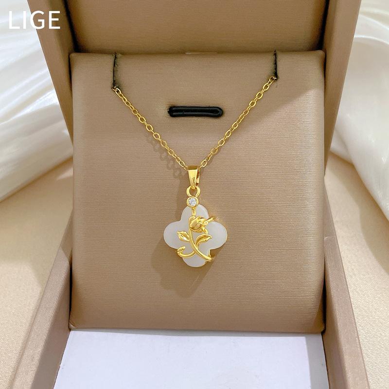 Women Rose Flower Pendant Necklace Gold Plated Chain White Enamel Jewelry one size
