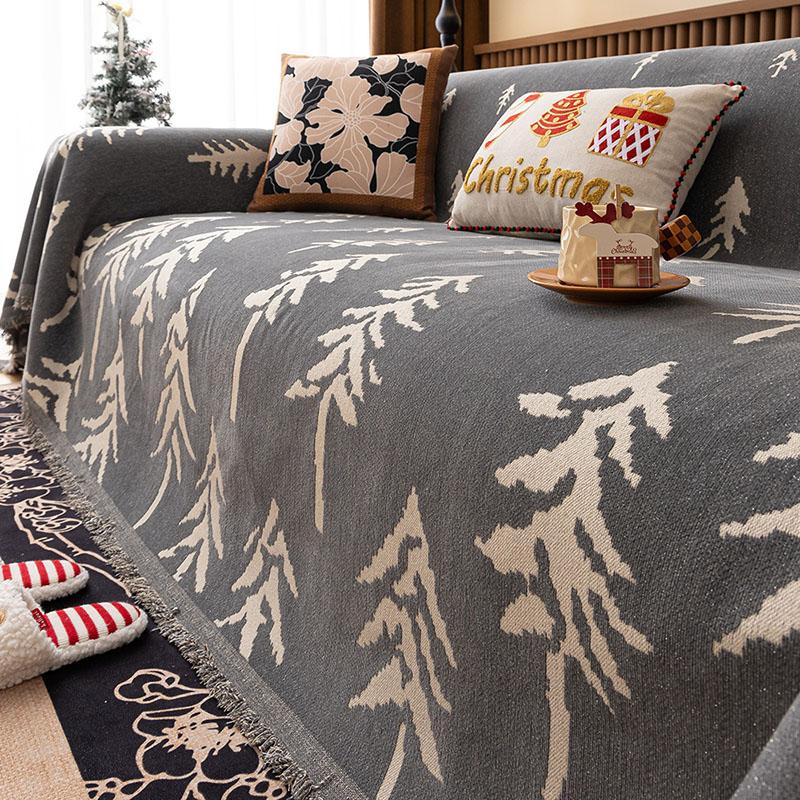 Luxury Pine Printed Chenille Sofa Towel All-Season Non-Slip Sofa Cover With Tassels Double Face Usable Wear-Resistant Home Decor