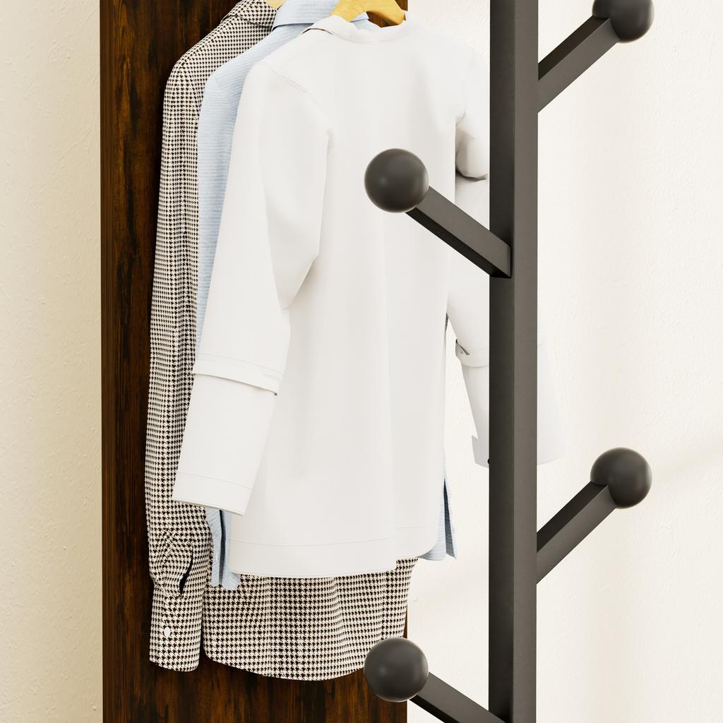 Full-Length Mirror Coat Rack with Storage, 360 Degree Rotatable Clothes Rack, Coat Rack with Hooks, 174*40 cm (Vintage Brown)