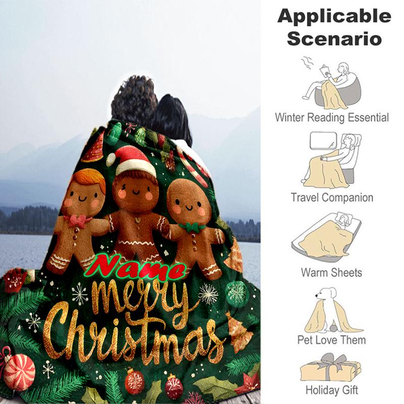 1PC Custom Name Gingerbread Friends Christmas Outdooor Flannel Blankets Throw Blanket All-Season Throw Gift Bedspread for Couch, Bed, Camping Holiday 