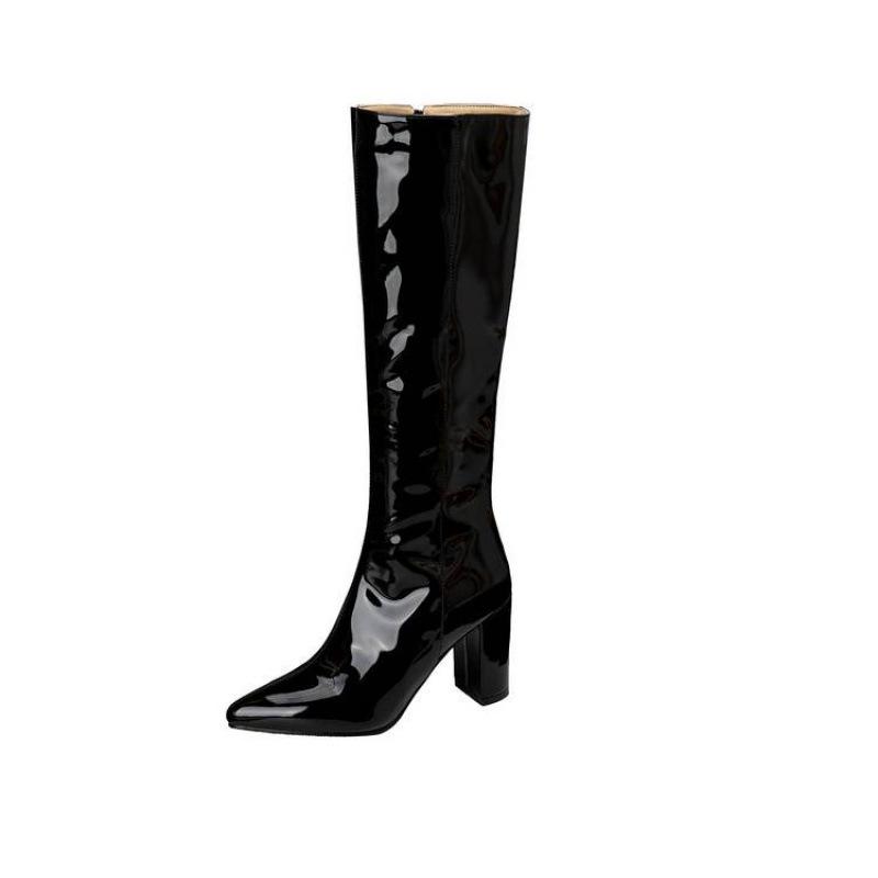 Korean Version of Pointed High-heeled Large-size Women's Boots, Comfortable Square-heeled Side Zipper Fashion Boots, New Patent Leather Red High Boots