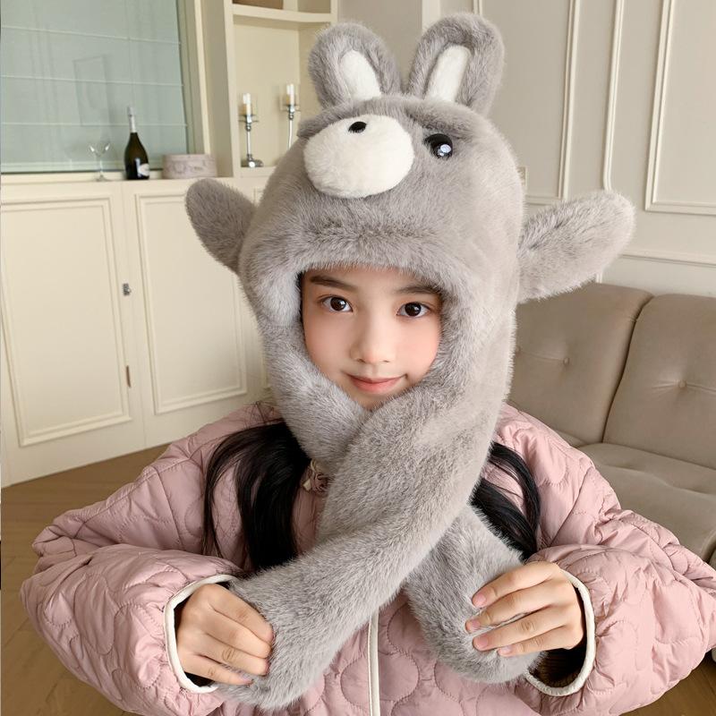 

Winter new thickened warm plush hat scarf integrated two-piece set cute ears rabbit ears moving ear hat One size fits all сірий колір