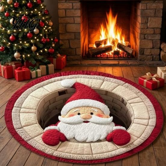 Washable Round Carpet Christmas Rug, 39" Imitation Cashmere Santa Snowflake Pattern, Pattern Rug Holiday Area for Home Living Room Bedroom Decor Stain