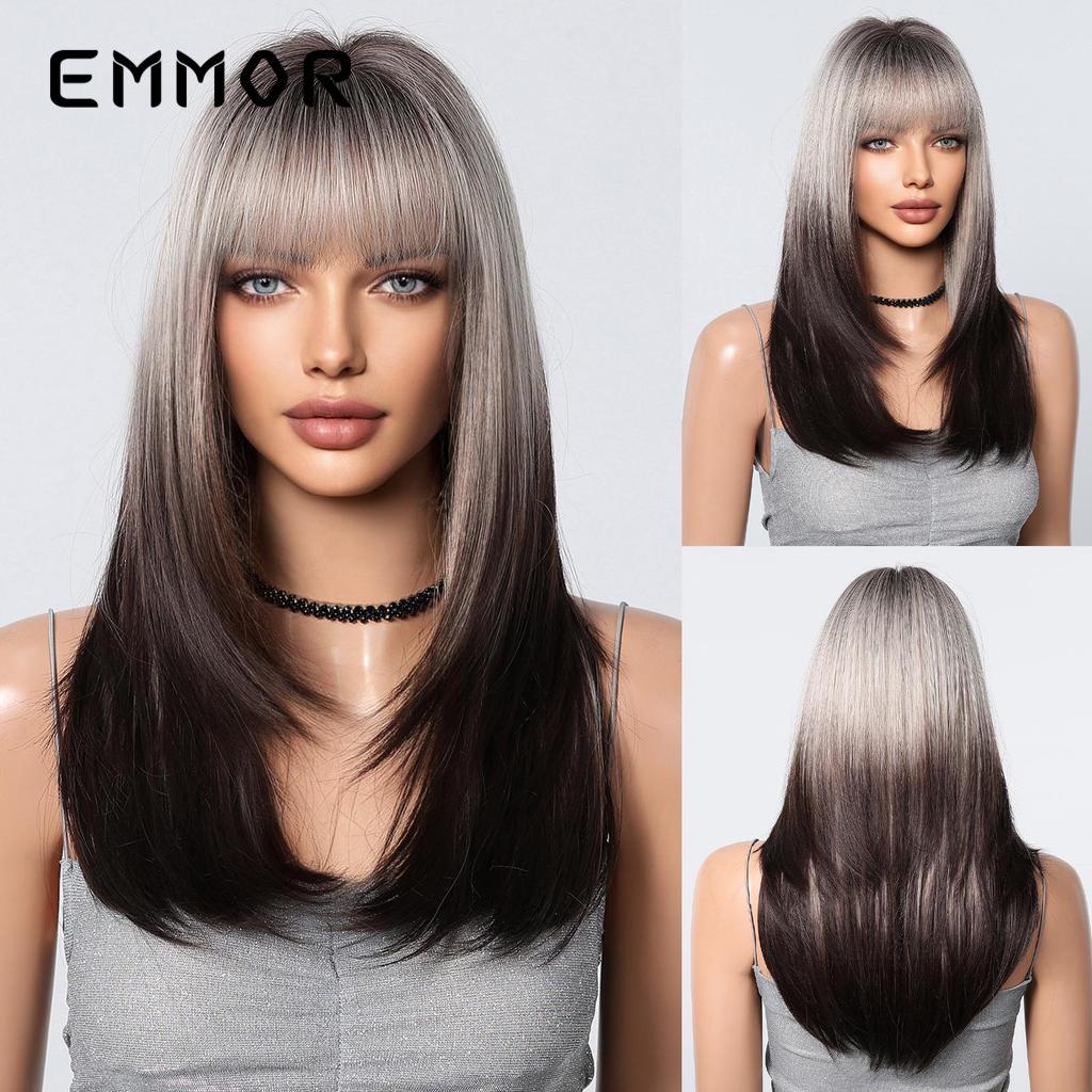 

Розовый градиентный темно-коричневый панк-парик для косплея с челкой - полностью покрытый головой, длинные и прямые волосы