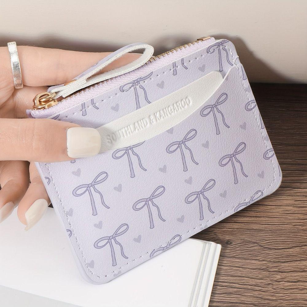 New PVC Credit Card Holder Roomy Small Zipper Wallet Lightweight Cute Bow Coin Purse for Women Girls