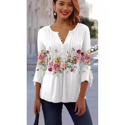 Spring Summer Fashion New Women's Floral Print V-Neck Short Sleeve Pleated Button T-Shirt Base Shirt