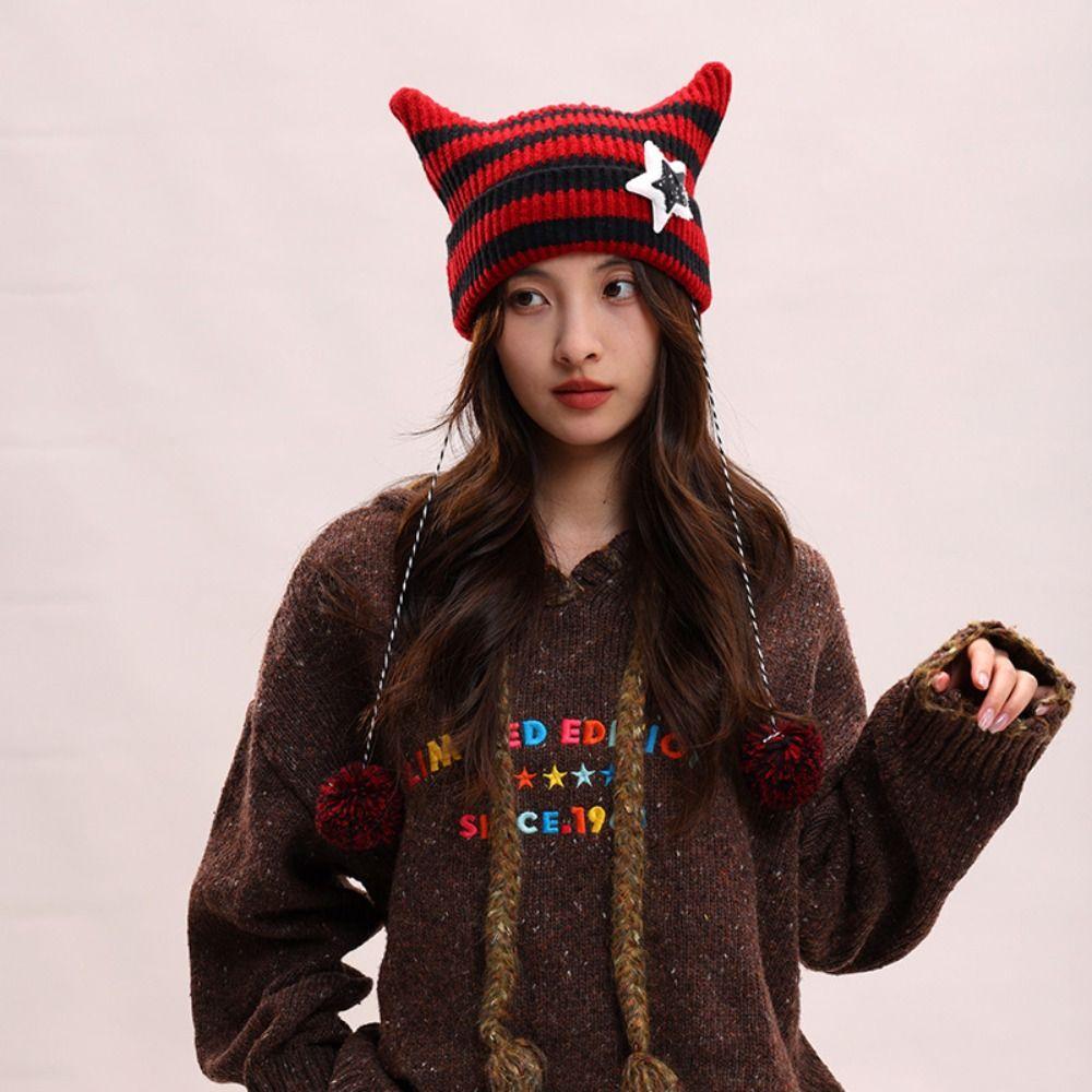 Star Cat's Ears Knitted Hat Harajuku Woolen Hat Casual Slouchy Knitted Beanies  Apparel Accessories