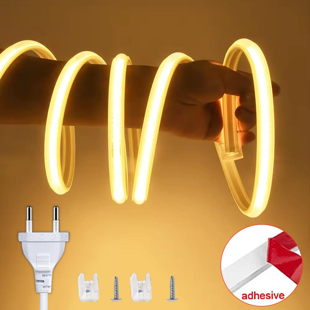 

Очень яркая светодиодная лента 220 В, водонепроницаемая светодиодная лента COB, гибкая диодная лента с вилкой ЕС, освещение для комнаты, дома, кухни, сада 1m